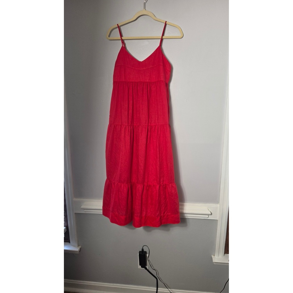Calme Johnny Was Dress Maxi Tiered Red 100% Linen Boho Sleeveless XS